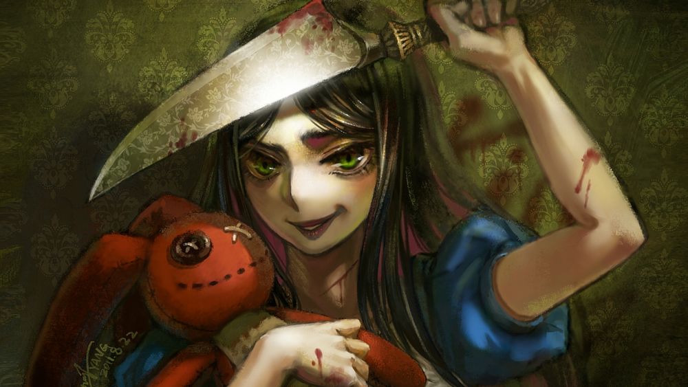 Обои для рабочего стола Алиса с ножом и зайцем в руках из игры Alice: Madness Returns / Алиса: Безумие Возвращается, by YANG
