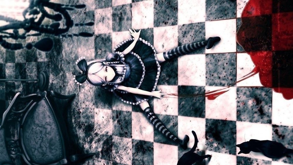 Обои для рабочего стола Алиса сидит на полу возле лужи крови, из игры Alice: Madness Returns / Алиса: Безумие Возвращается