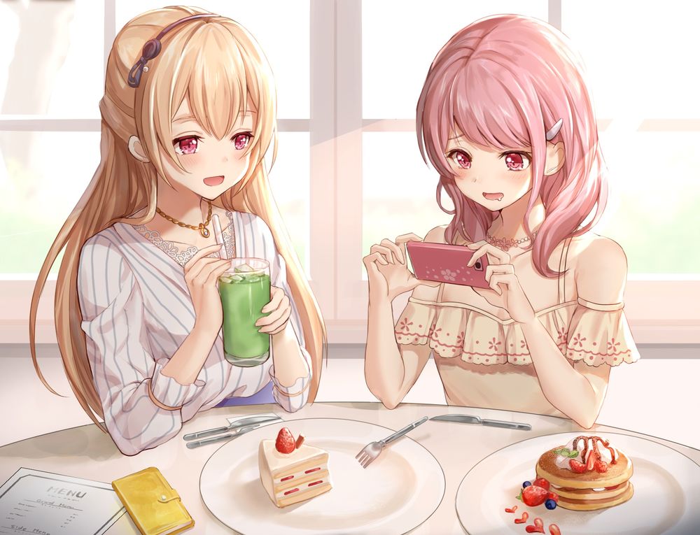 Обои для рабочего стола Aya Maruyama и Shirasagi Chisato в кафе за столиком едят сладости, by Bang Dream
