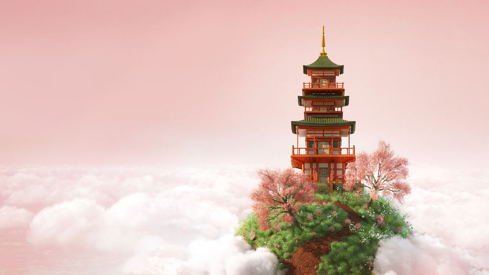 Обои для рабочего стола Храм / Cherry Blossom / с деревьями на островке земли в облаках, фэнтези арт by dnecra - Arif Cendekiawan