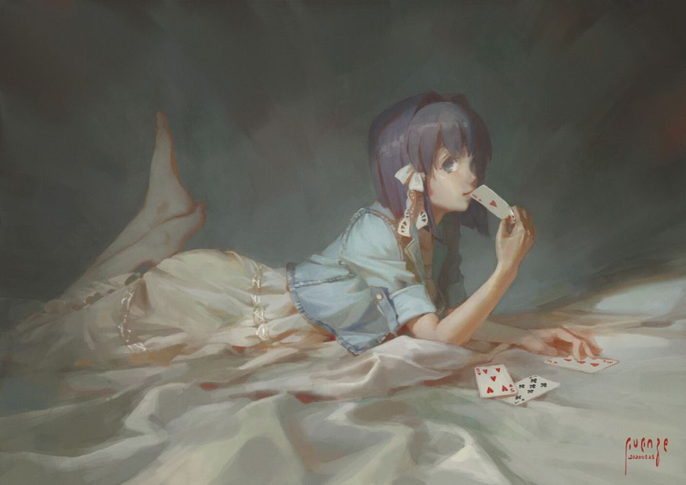 Обои для рабочего стола Девочка Ryou Fujibayashi / Ре Фудзибаяси с картами в руке лежит на постели, видеоигра Clannad, by Enze Fu