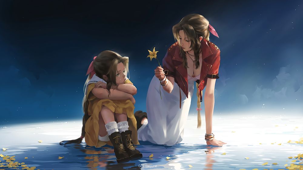 Обои для рабочего стола Айрис Гейнсборо / Аэрис / Aerith Gainsborough / Aeris дает цветочек девочке, видеоигра Последняя фантазия 7 / Final Fantasy VII, by GTZ taejune