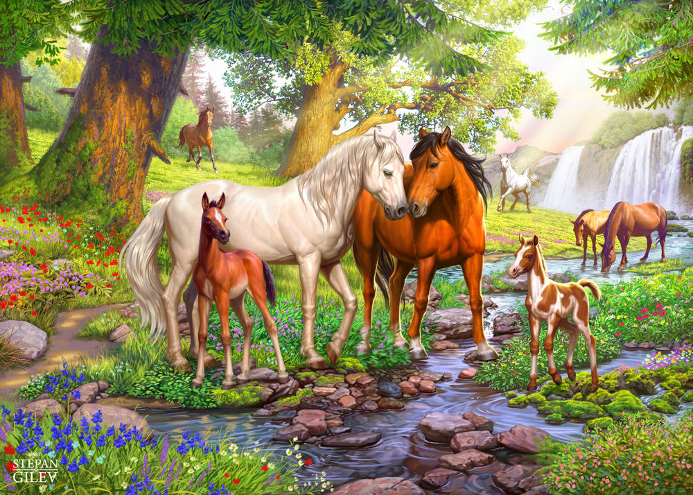 Обои для рабочего стола Лошади и жеребята в лесу у ручья, by Stepan Gilev