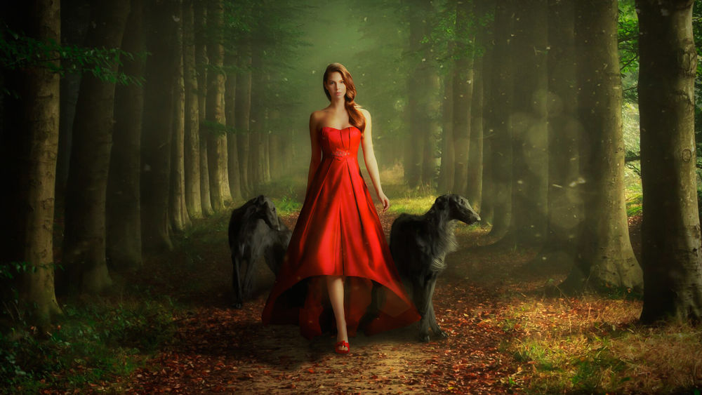 Обои для рабочего стола Девушка в красном платье идет по дороге с собаками по обе стороны от нее, by Evgeny Dvoretckiy