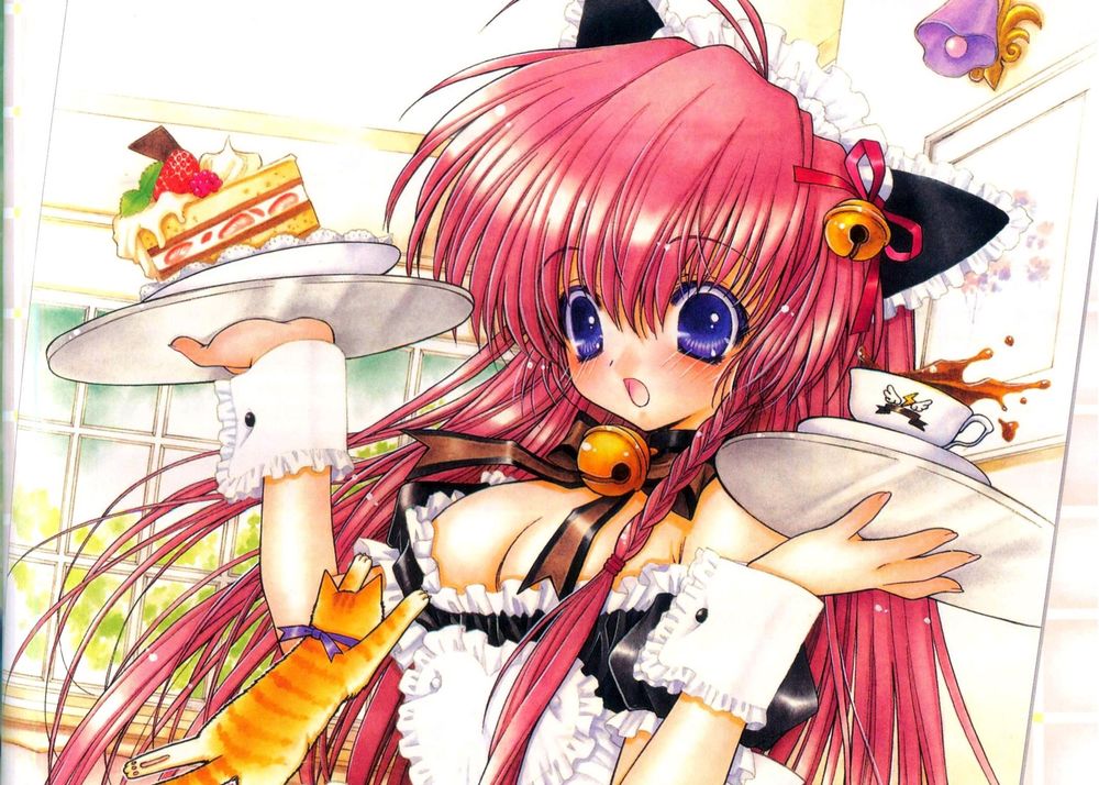 Обои для рабочего стола Neko Girls / девушка-кошка с подносами в руках и рыжий котенок рядом, by Rio Ramiya