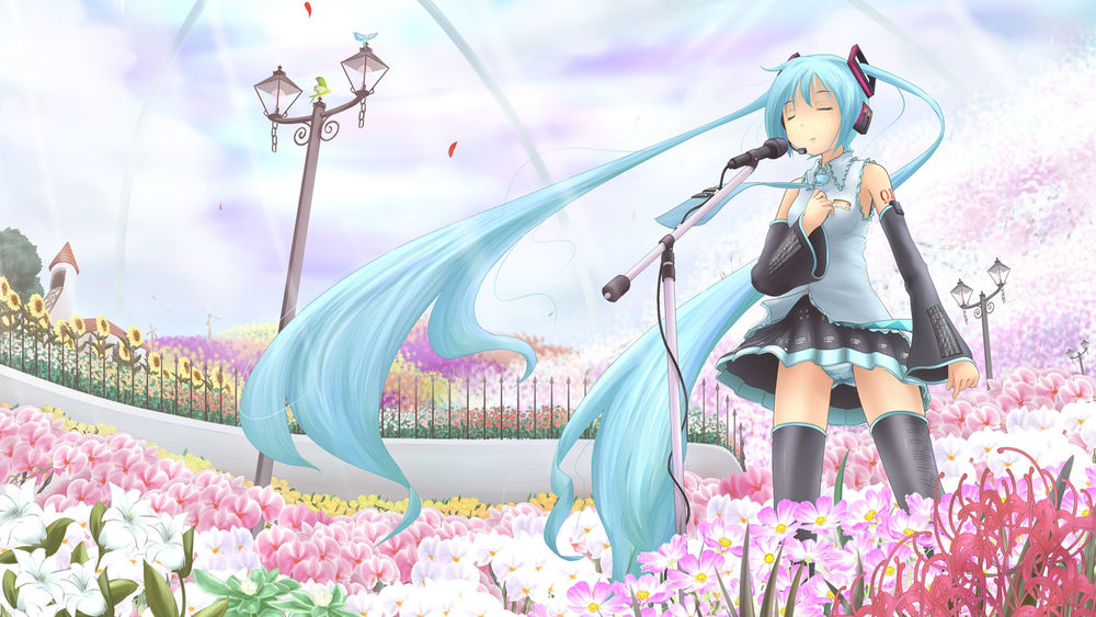 Обои для рабочего стола Vocaloid Miku Hatsune / вокалоид Мику Хацунэ в наушниках перед микрофоном стоит по среди цветочных клумб