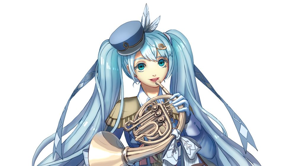 Обои для рабочего стола Vocaloid Miku Hatsune / вокалоид Мику Хацунэ в шляпке с духовым инструментом