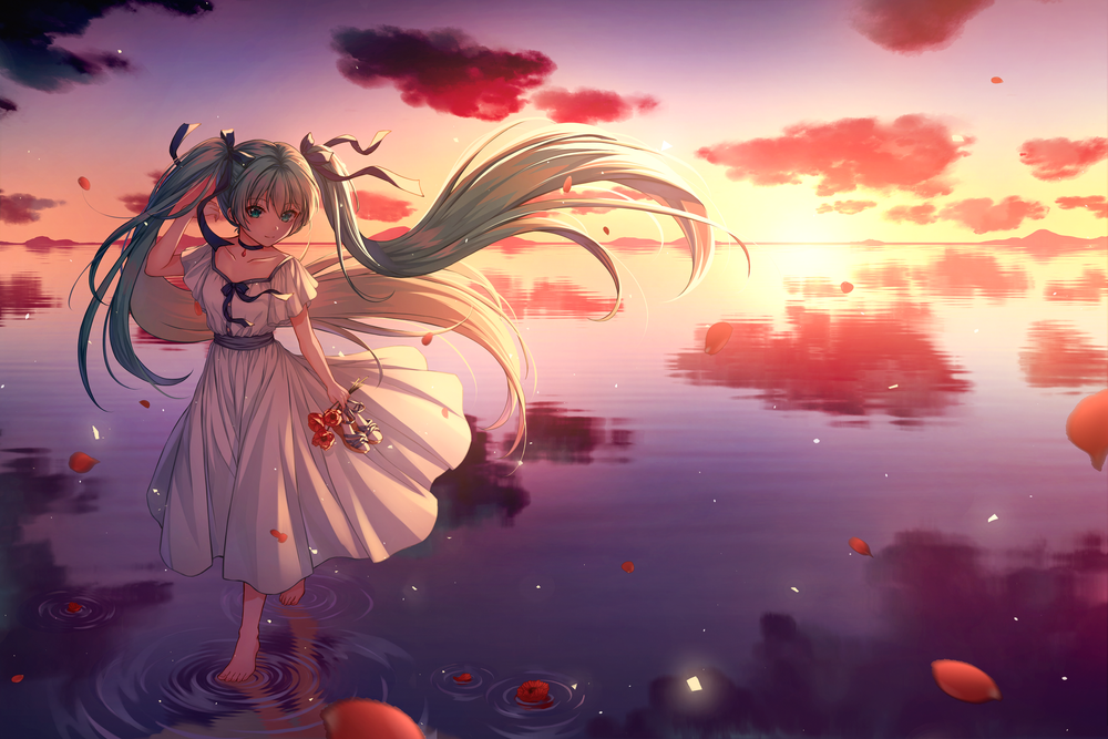 Обои для рабочего стола Vocaloid Miku Hatsune / вокалоид Мику Хацунэ c цветами в руке стоит в воде