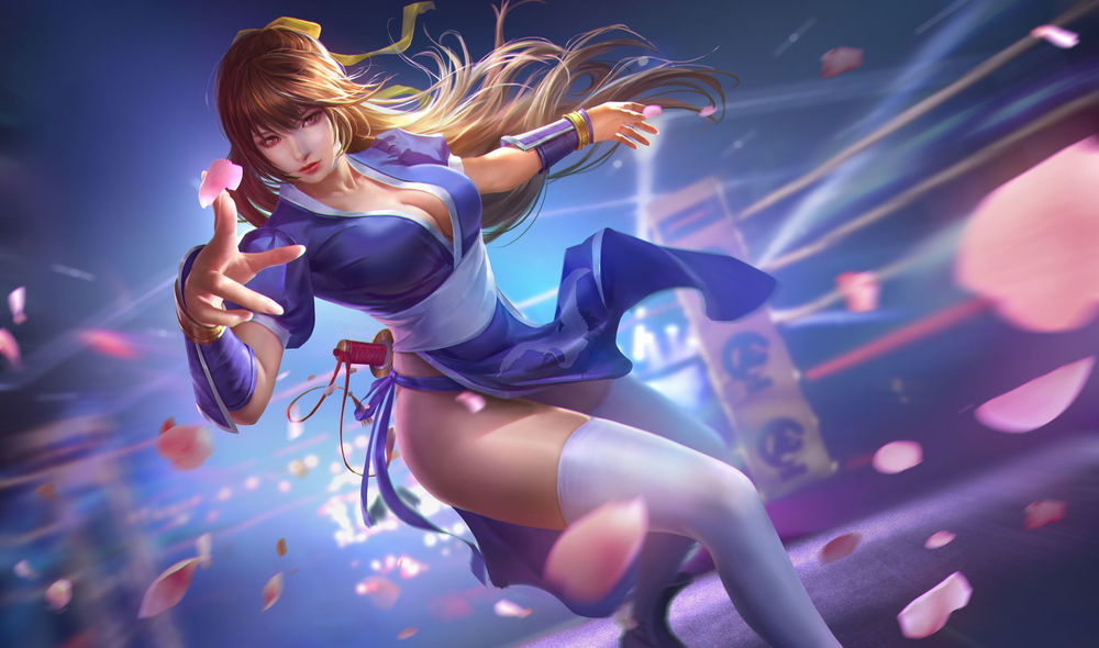 Обои для рабочего стола Длинноволосая девушка Kasumi / Касуми из игры Dead or Alive среди лепестков, by gantzu