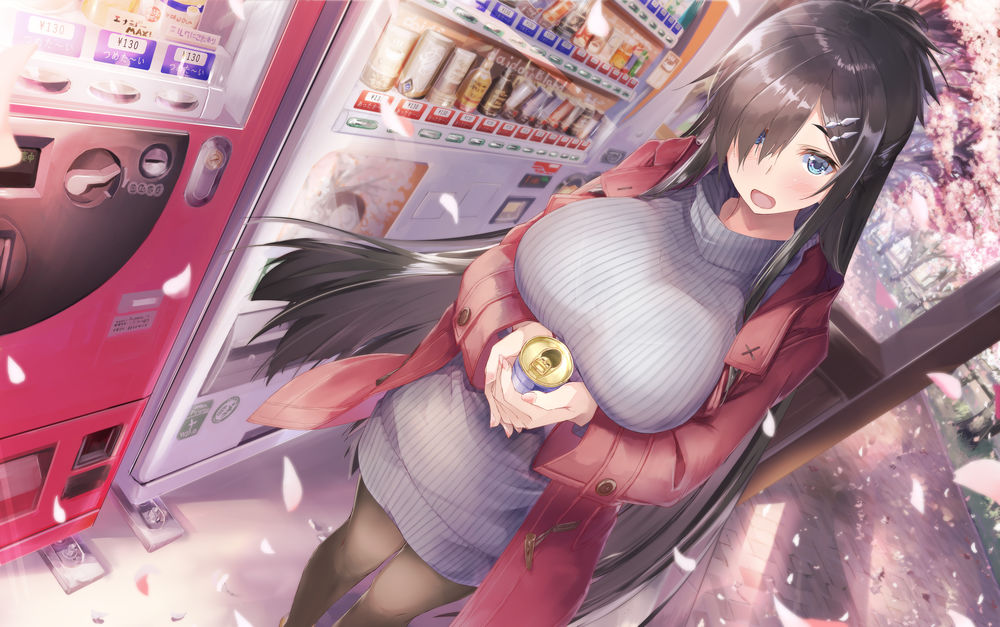 Обои для рабочего стола Девушка в красной куртке стоит возле аппаратов с напитками, аниме оригинал by daidou