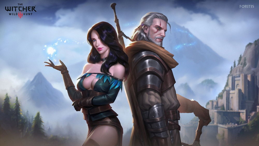 Обои для рабочего стола Yennefer of Vengerberg / Йенифер из Венгерберга и Геральд / Geralt из игры The Witcher / Ведьмак на фоне неба, by gantzu