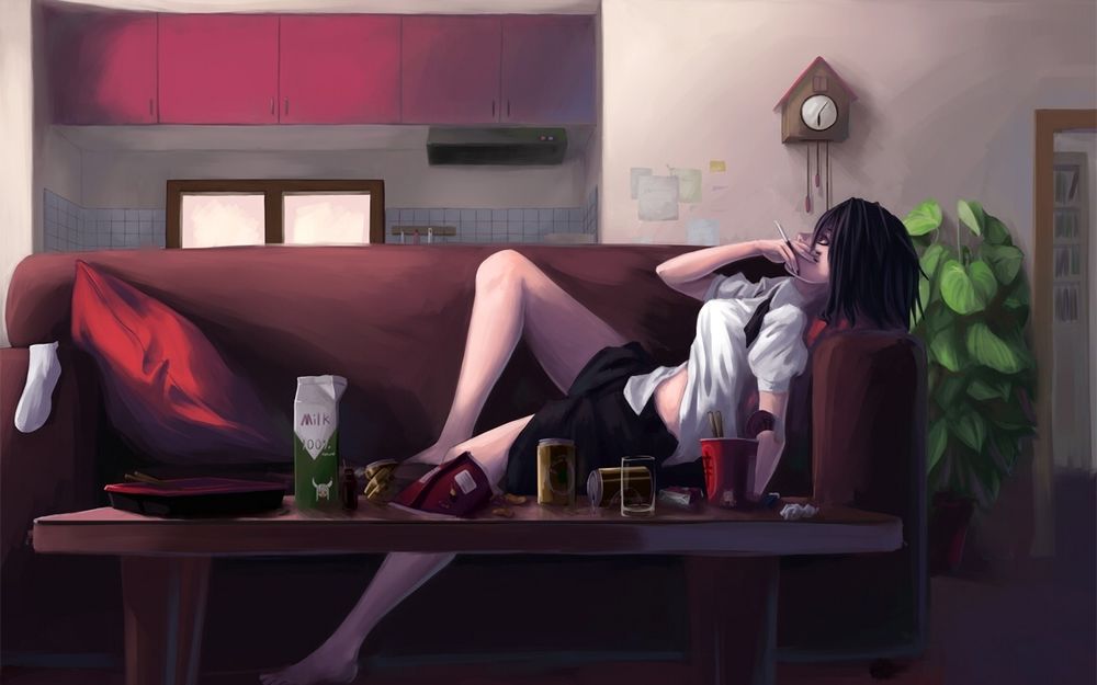 Обои для рабочего стола Shameimaru Aya / Ая Шамеймару c сигаретой лежит на диване, персонаж из серии компьютерных игр Touhou Project / Проект «Восток»/ Тохо