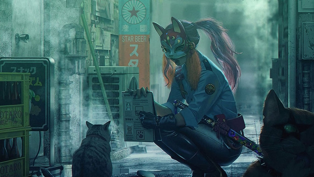 Обои для рабочего стола Девушка полицейский в маске кошки ищет пропавших животных