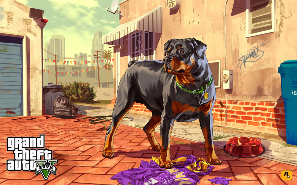 Обои для рабочего стола Собака породы Ротвейлер из видеоигры Grand Theft Auto V, GTA V, GTA 5