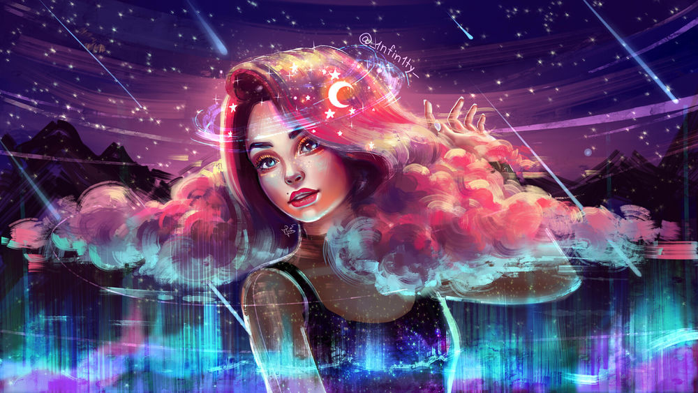 Обои для рабочего стола Девушка а окружении облаков на фоне звездного неба, автор Polina 1NFIN1TY Cheliadinova