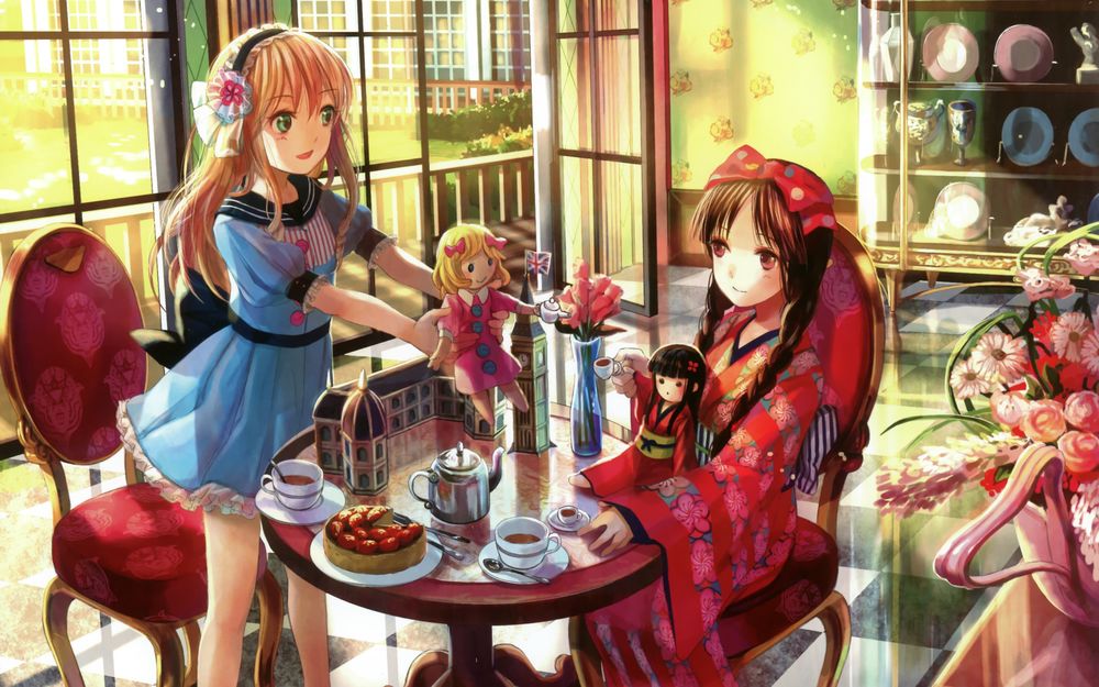 Обои для рабочего стола Две девочки с куклами пьют чай, by Fujiwara