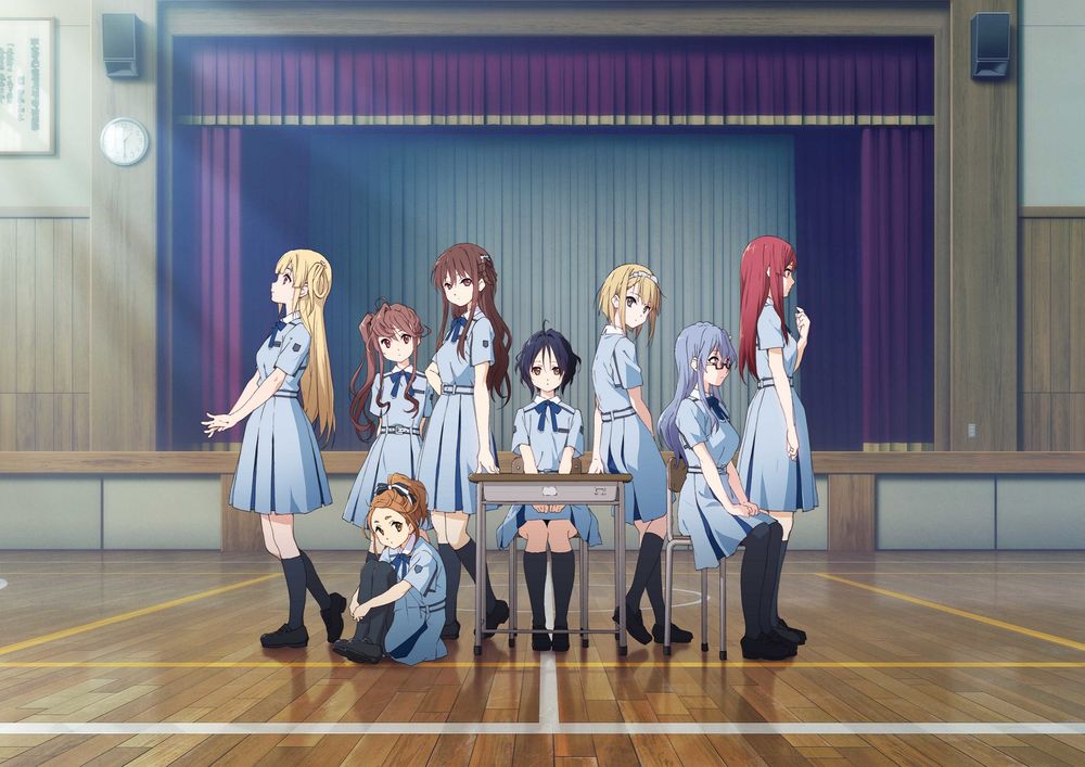 Обои для рабочего стола Nikole Saito, Miu Takigawa, Jun Toda, Ayaka Tachikawa, Kamiki Mikami, Sakura Fujima, Kouno Miyako и Akane Maruyama в школьной форме в спорт. зале из аниме 22 / 7, by Yukiko Horiguchi