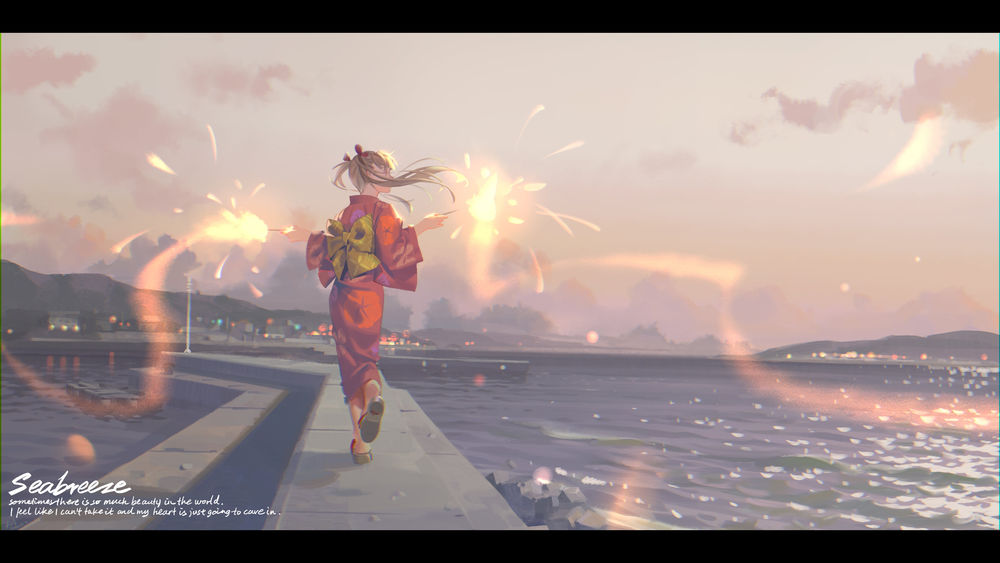 Обои для рабочего стола Девушка бежит по набережной, держа в руках горящие бенгальские огни, by Seabreeze