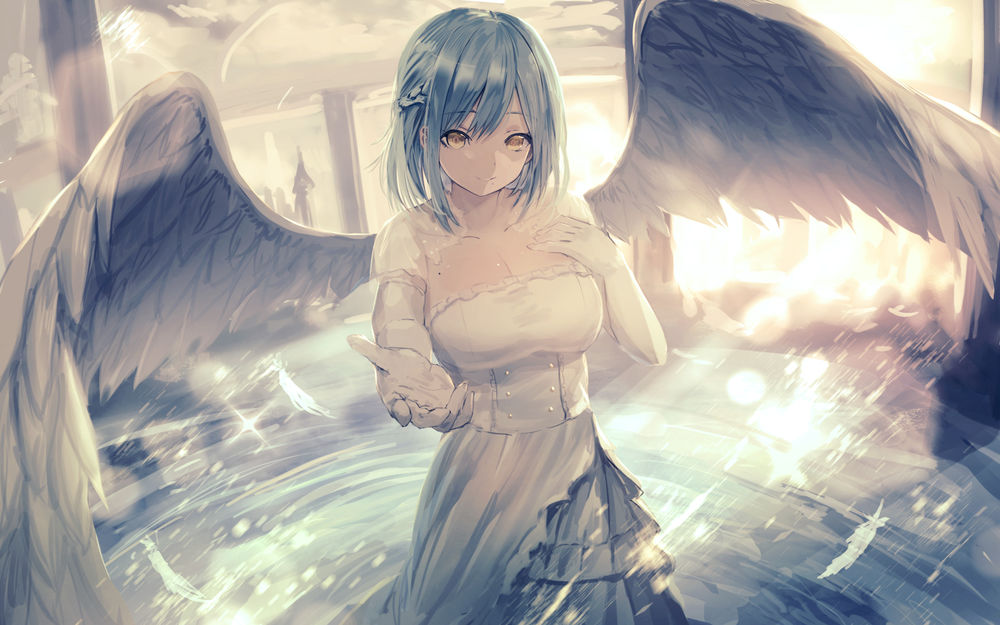 Обои для рабочего стола Девушка Moria с крыльями ангела, персонаж из аниме Virtual Youtuber / Виртуальный Ютубер, by misaki nonaka