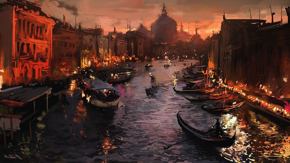 Обои для рабочего стола Городской пейзаж вечерней Венеции, художник Darek Zabrocki