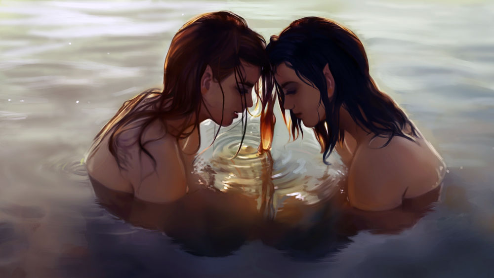 Обои для рабочего стола Две девушки эльфийки стоят в воде, автор kaitlin cooper