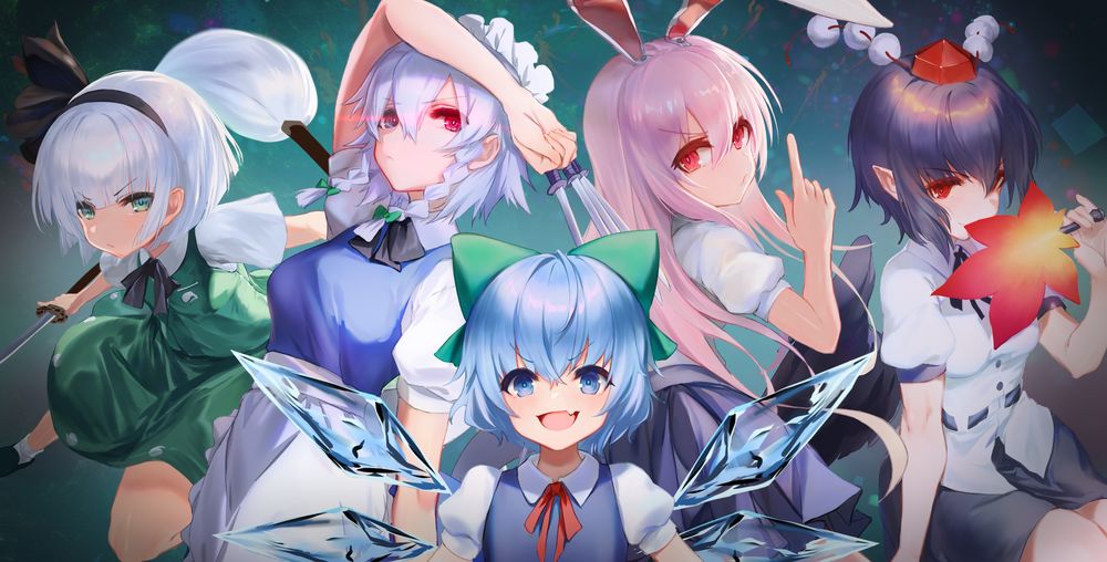 Обои для рабочего стола Рэйсэн Удонгэйн Инаба / Reisen Udongein Inaba, Konpaku Youmu, Aya Shameimaru, Cirno и Sakuya Izayoi из серии игр, манги, аниме Проект Восток / Touhou Project / Тохо