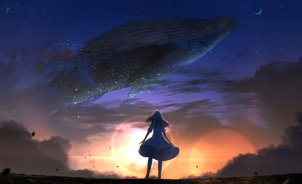 Обои для рабочего стола Девочка смотрит на парящего в небе кита, by adsuger
