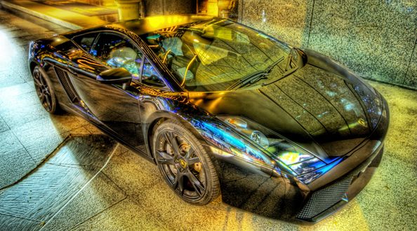 Обои на рабочий стол Черный спорткар Ламборгини / Lammborghini Gaiiardo, HDR съемка by Trey Ratcliff