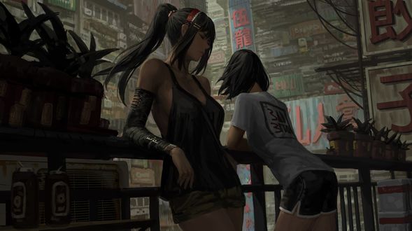 Обои на рабочий стол Две девушки стоят у ограждения, by GUWEIZ