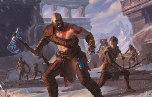 Обои на рабочий стол Kratos and Atreus / Кратос и Атрей из видеоигры God of War / Бог войны, by Leo Aveiro