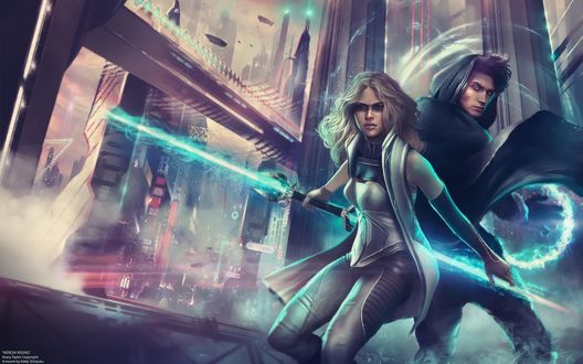 Обои на рабочий стол Парень и девушка с лазерным мечем, by Eddy Shinjuku