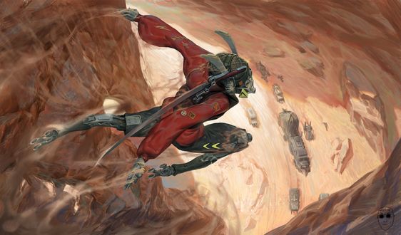 Обои на рабочий стол Киборг в прыжке, sci fi art by ZJY