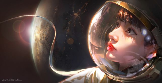 Обои на рабочий стол Девушка в скафандре на фоне планеты, by Shengyi Sun