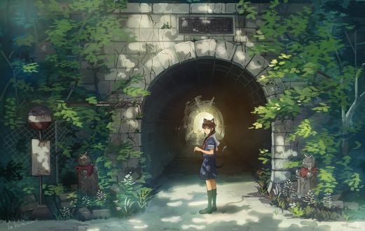 Обои на рабочий стол Девочка-кошка стоит у входа в турель, by Sakura Ino
