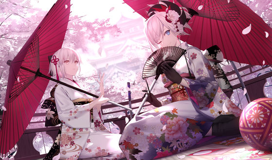 Обои на рабочий стол Сакура Сейбер / Sakura Saber, Рин Тосака / Rin Toosaka из аниме Fate / Grand Order / Судьба / Великая Компания