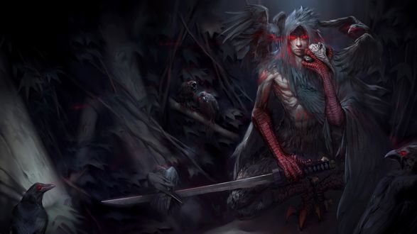 Обои на рабочий стол Мифическое существо в облике черного ворона, The King of Crows / Король воронов, by Baitan