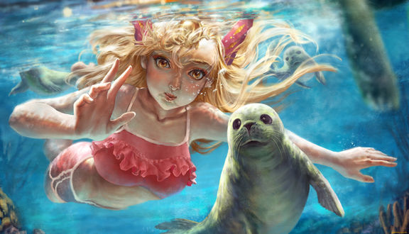 Обои на рабочий стол Девушка с морским котиком под водой, by Rina Chan