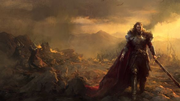 Обои на рабочий стол Воин с мечем на поле битвы, by John Anthony Di Giovanni