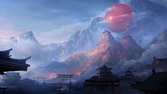 Обои на рабочий стол Пейзаж японского поселения у подножья гор, by Yuan Yuan