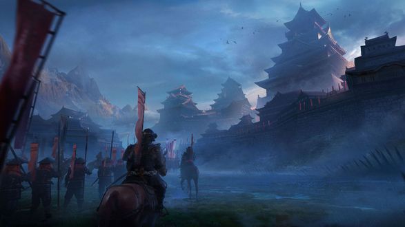 Обои на рабочий стол Войны идущие к поселению в горах, фэнтези арт by Yuan Yuan