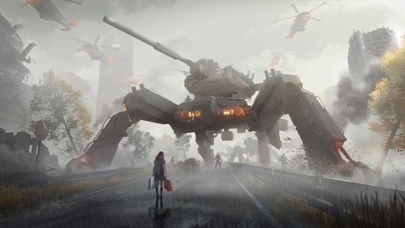 Обои на рабочий стол Девушка идущая по дороге, на фоне боевых действий, by Yuan Yuan