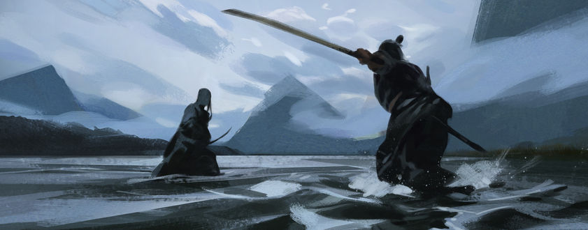 Обои на рабочий стол Самураи сражаются стоя в воде, by Wangjie Li