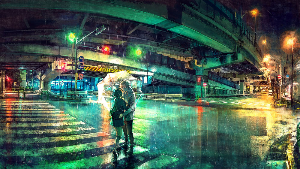 Обои для рабочего стола Парень с девушкой под зонтом стоят на переходе, Yuumei Art