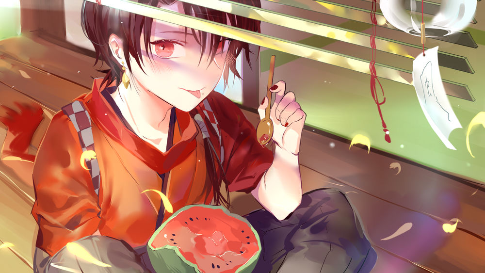Обои для рабочего стола Kashuu Kiyomitsu с арбузом на веранде, из игры Touken Ranbu / Танец мечей, by Qidai