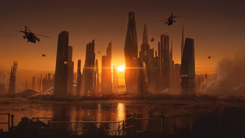 Обои для рабочего стола Вертолеты над городом на фоне заката солнца, by ben redeko
