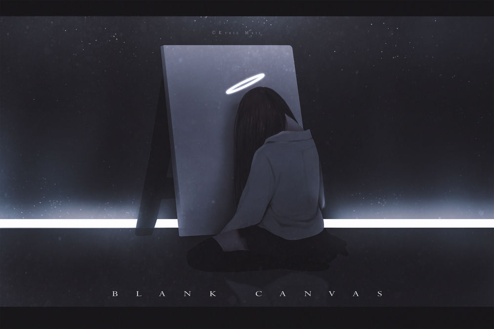 Обои для рабочего стола Девушка ангел сидит возле белого холста (blank canvas), by Kyrie Meii