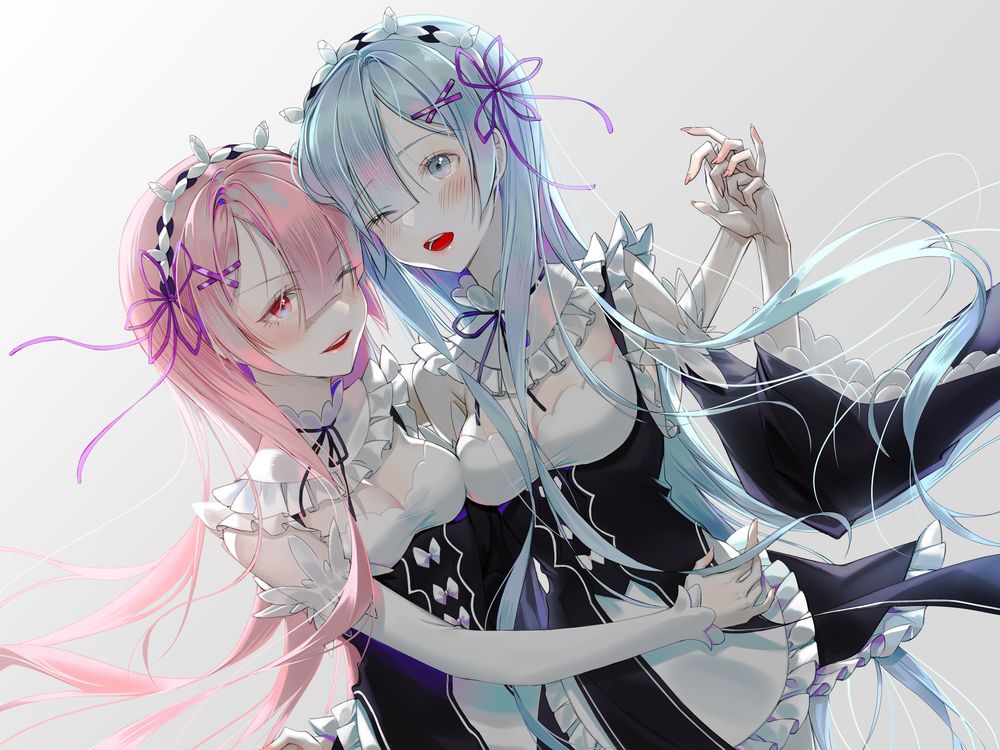 Обои для рабочего стола Горничные Rem / Рем и Ram / Рам из аниме Re: Zero kara Hajimeru Isekai Seikatsu / Re: Жизнь в альтернативном мире с нуля