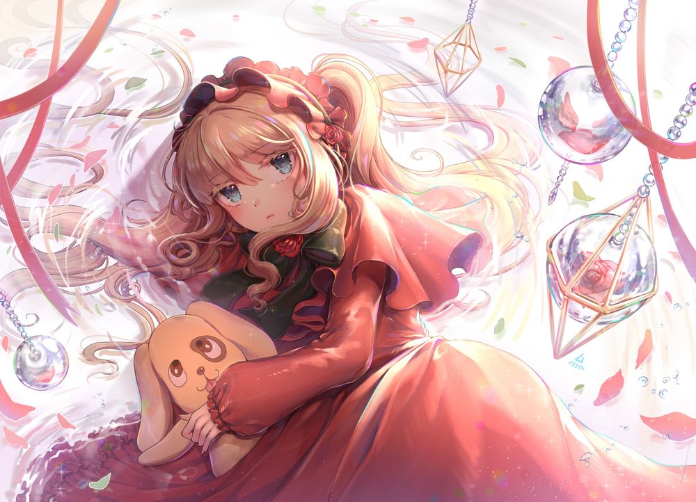 Обои для рабочего стола Кукла Shinku с игрушкой лежит на полу среди лепестков роз из аниме Девы Розена / Rozen Maiden, by Peach-Pit