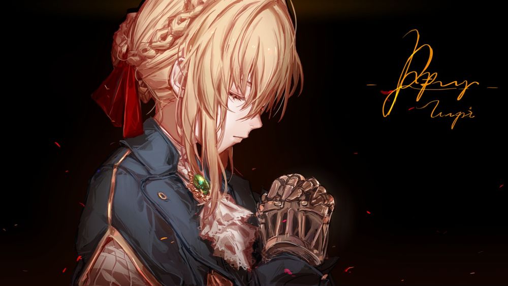 Обои для рабочего стола Violet Evergarden / Вайолет Эвергарден на фоне ночного неба, из аниме Violet Evergarden, by NAQTACHI Yukito