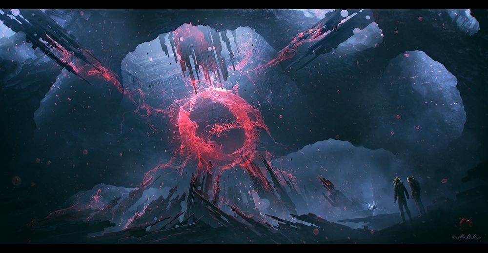 Обои для рабочего стола Астронавты стоят у входа в космический портал, by Vladimir Manyukhin